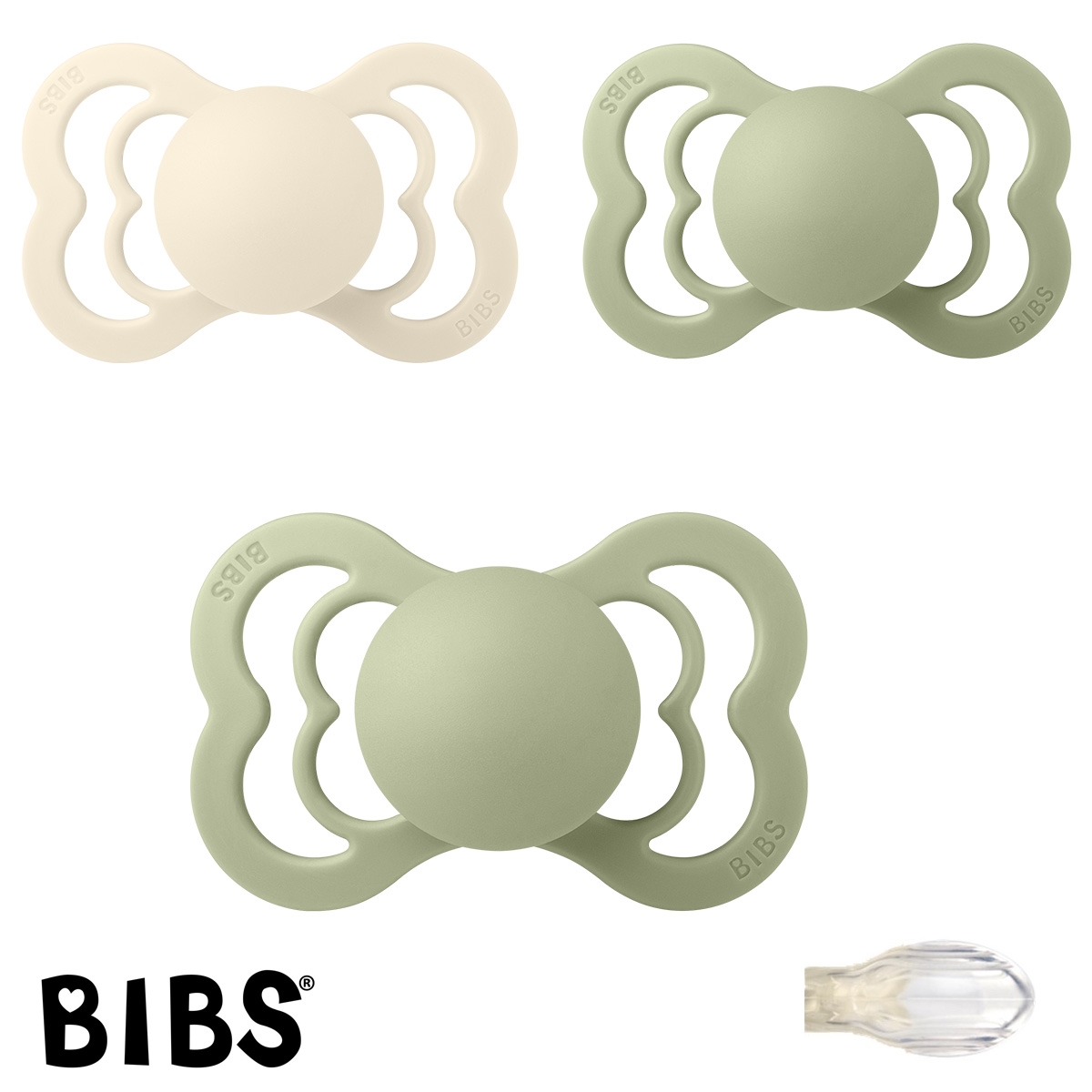 BIBS Supreme Sutter med navn, 2 Sage, 1 Ivory, Symmetrisk Silikone str.2 Pakke med 3 sutter