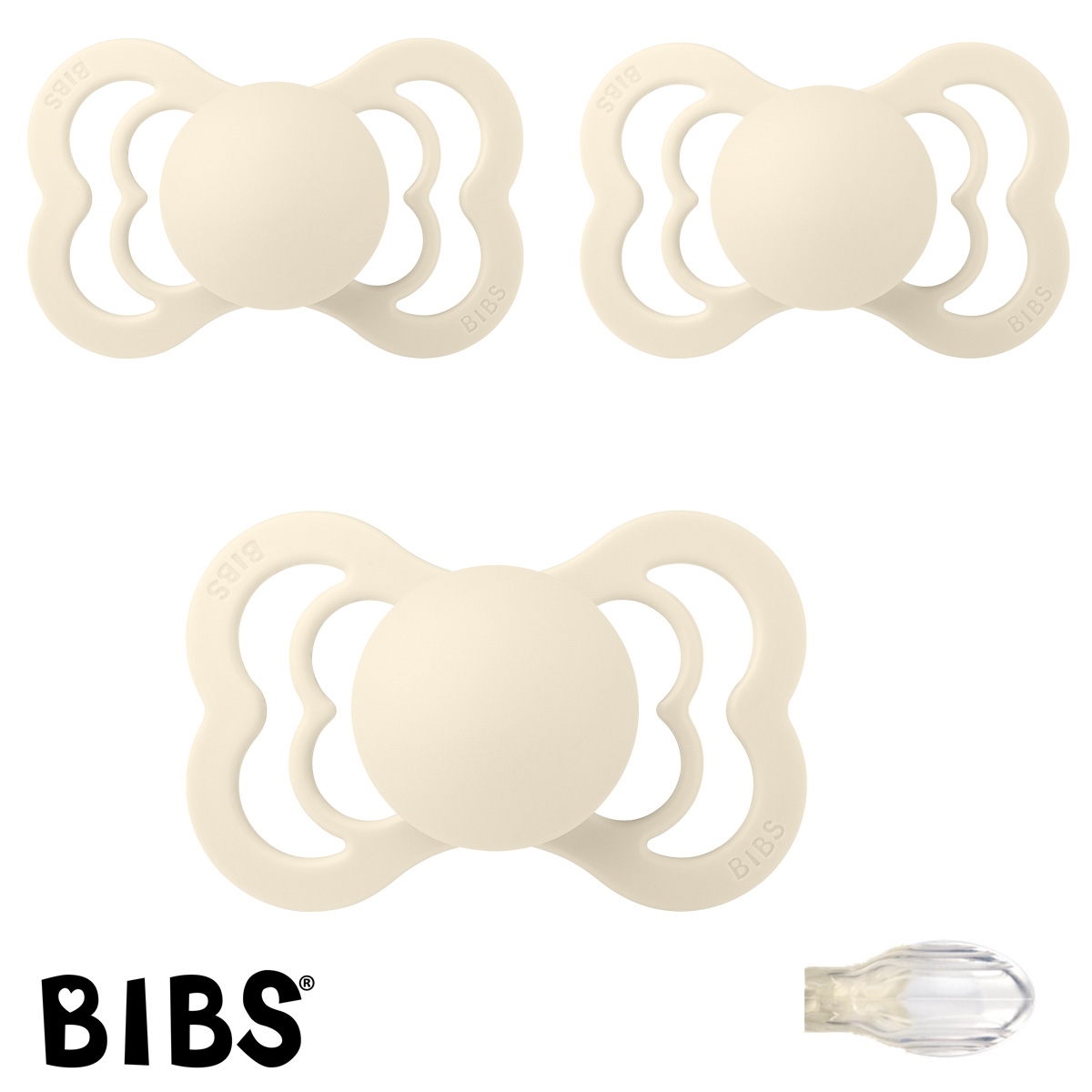 BIBS Supreme Sutter med navn str2, 3 Ivory, Symmetrisk Silikone, Pakke med 3 sutter
