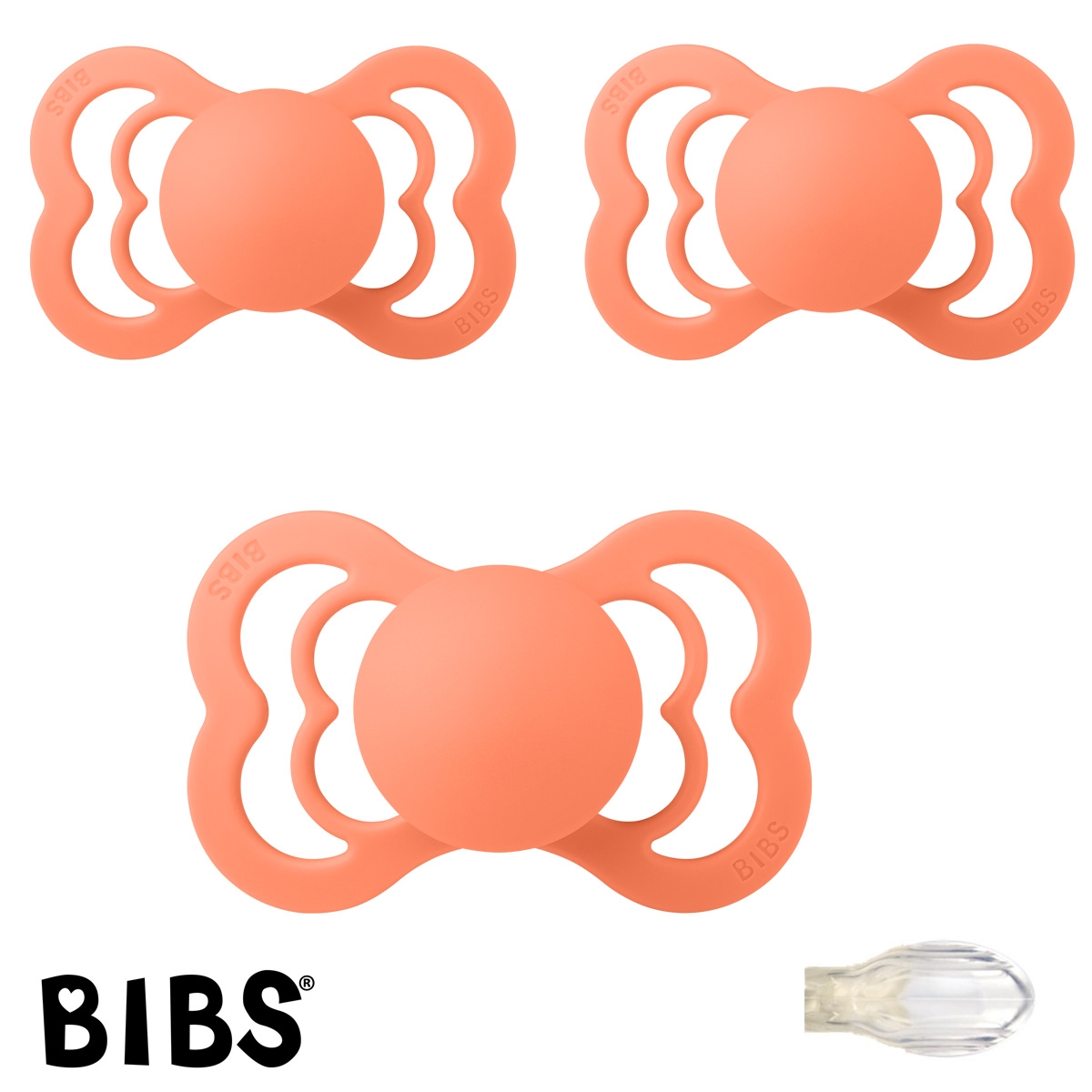 BIBS Supreme Sutter med navn str2, 3 Papaya, Symmetrisk Silikone, Pakke med 3 sutter