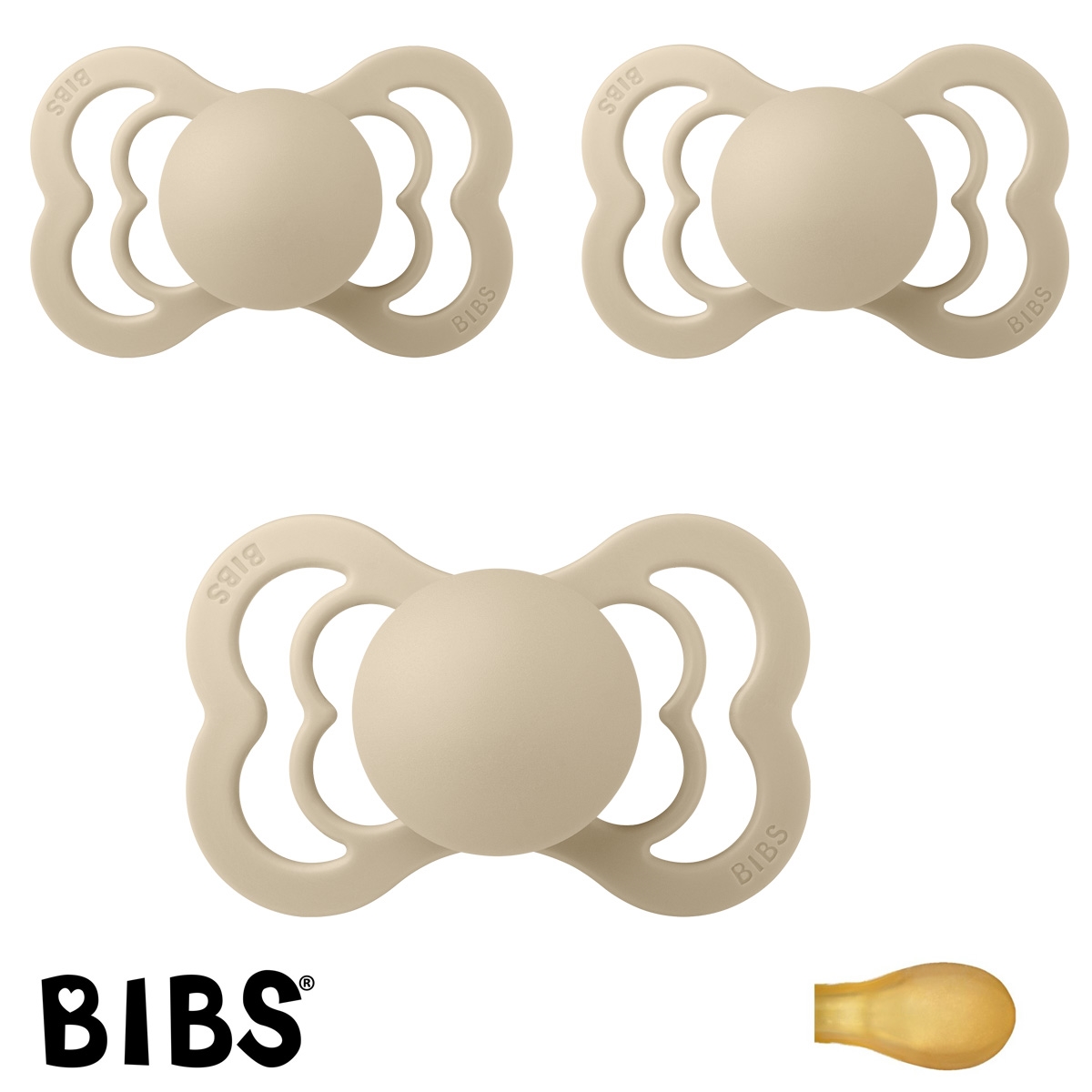 BIBS Supreme Sutter med navn str2, Vanilla, Symmetrisk Latex, Pakke med 3 sutter