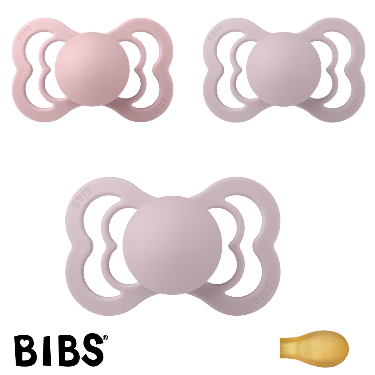 BIBS Supreme Sutter med navn, 2 Dusky Lilac, 1 Pink Plum, Symmetrisk Latex str.2 Pakke med 3 sutter