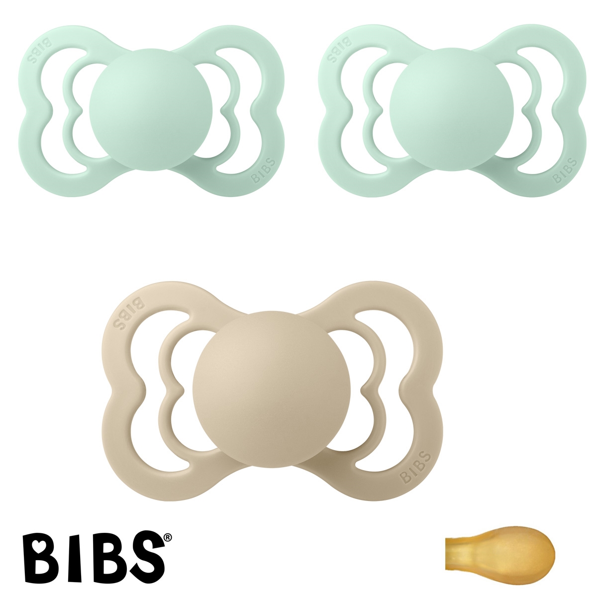 BIBS Supreme Sutter med navn str2, 1 Vanilla, 2 Nordic Mint, Symmetrisk Latex, Pakke med 3 sutter