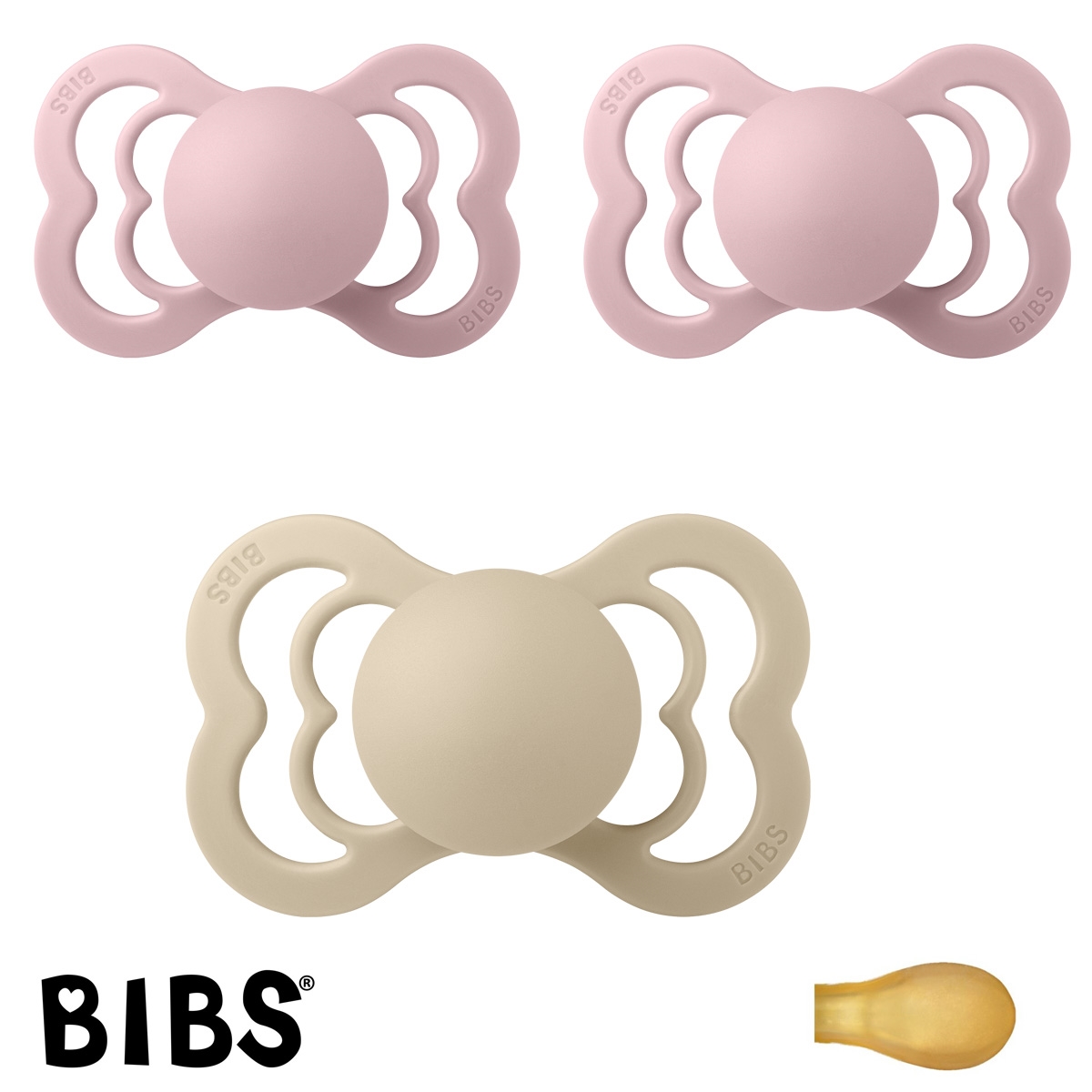 BIBS Supreme Sutter med navn str2, 1 Vanilla, 2 Pink Plum, Symmetrisk Latex, Pakke med 3 sutter