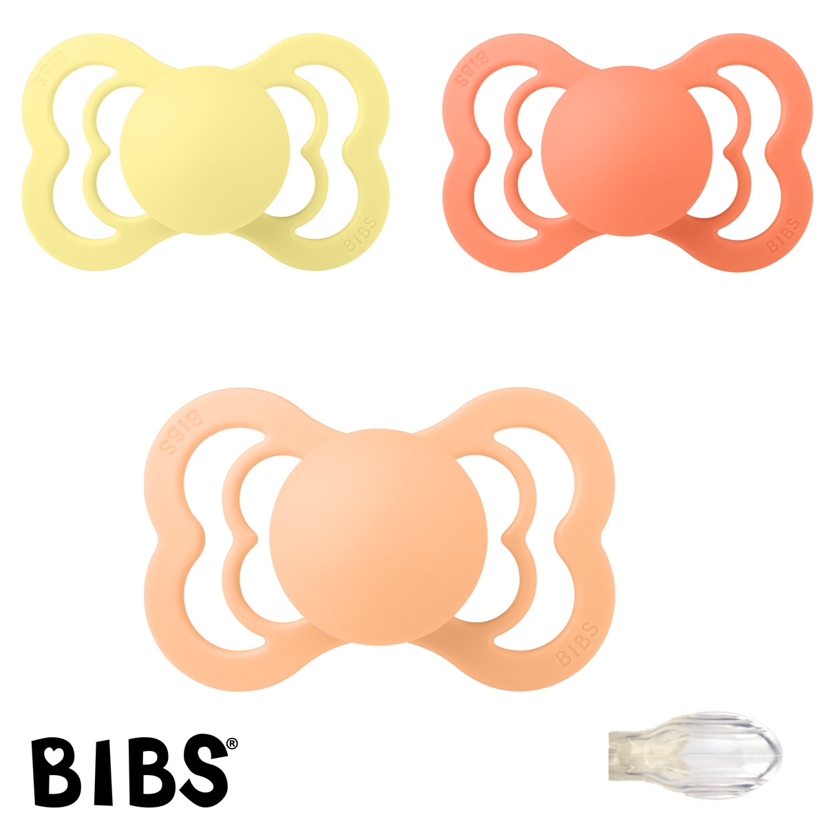 BIBS Supreme Sutter med navn str2, 1 Sunshine, 1 Papaya, 1 Peach Sunset, Symmetrisk Silikone, Pakke med 3 sutter