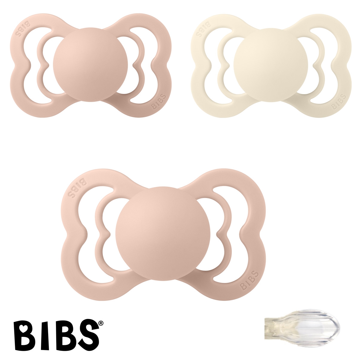 BIBS Supreme Sutter med navn, 1 Ivory, 2 Blush, Symmetrisk Silikone str.2 Pakke med 3 sutter