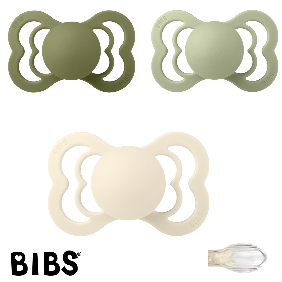 BIBS Supreme Sutter med navn, 1 Olive, 1 Sage, 1 Ivory, Symmetrisk Silikone str.2 Pakke med 3 sutter