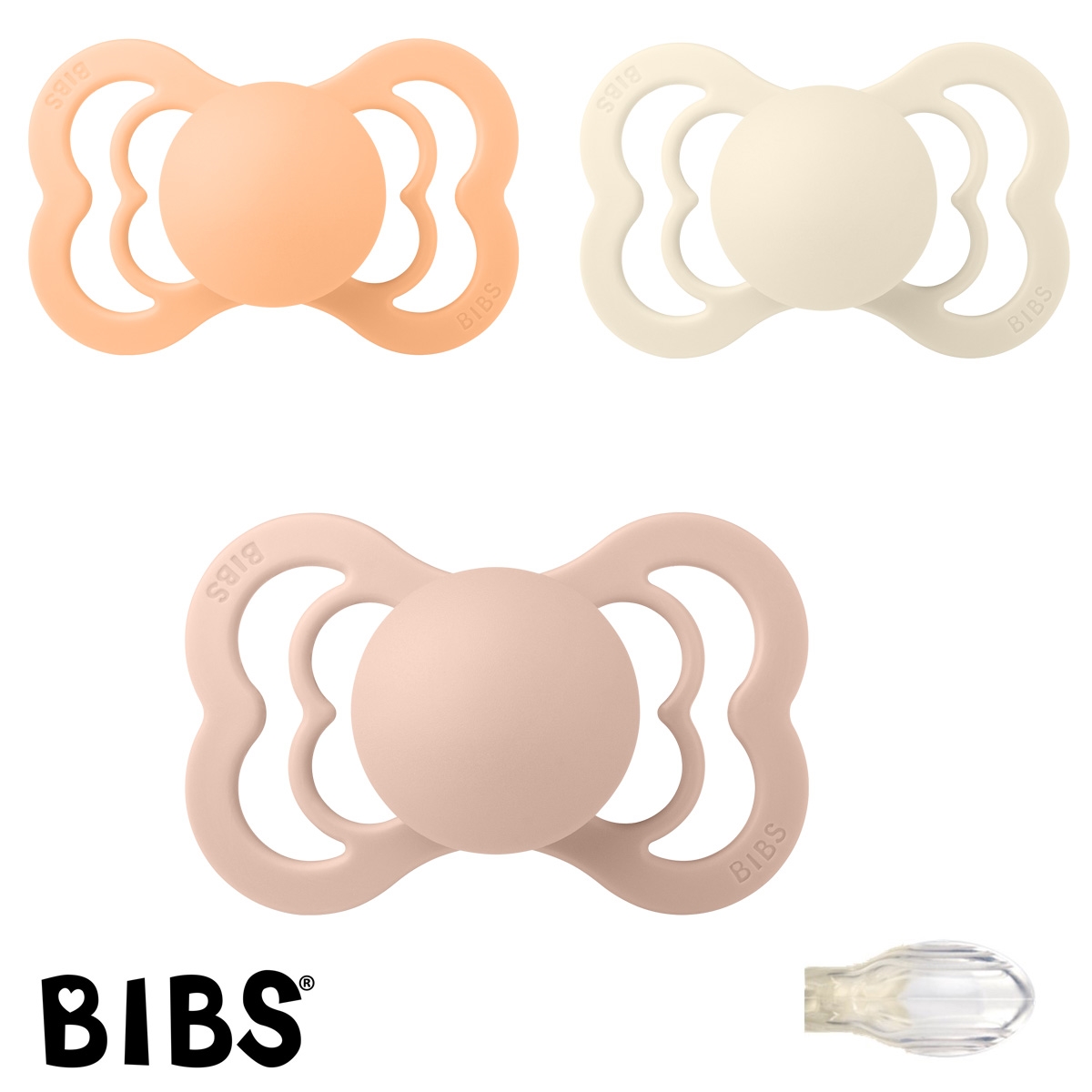 BIBS Supreme Sutter med navn, 1 Peach Sunset, 1 Ivory, 1 Blush, Symmetrisk Silikone str.2 Pakke med 3 sutter