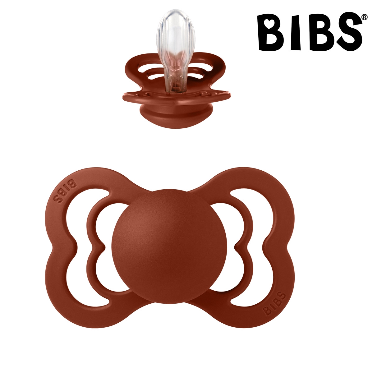 Bibs Supreme sutter med navn, Rust, Symmetrisk Silikone str.2