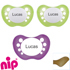 Nip sutter med navn (2 Pearly Green + 1 Pearly Purple) Anatomiske Latex fra 5 md. Pakke med 3 stk. sutter