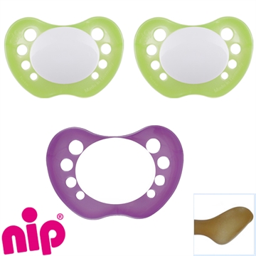 Nip sutter med navn (2 Pearly Green + 1 Pearly Purple) Anatomiske Latex fra 5 md. Pakke med 3 stk. sutter