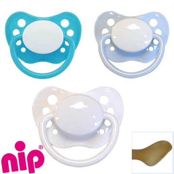 Nip sutter med navn (Hvid, Turkis / Blå og Lyseblå) Anatomiske Latex fra 5 md. Pakke med 3 stk. sutter