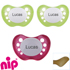 Nip sutter med navn (2 Perlende Grøn og 1 Perlende Magenta) Anatomiske Latex fra 5 md. Pakke med 3 stk. sutter