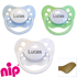 Nip sutter med navn (Grøn / Lyseblå / Hvid) Anatomiske Latex fra 5 md. Pakke med 3 stk. sutter
