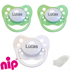 Nip sutter med navn (2 Mint grønne + 1 Hvid) Anatomiske Silikone fra 5 md. Pakke med 3 stk. sutter