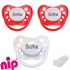 Nip sutter med navn (2 Røde + 1 Hvid) Anatomiske Silikone fra 5 md. Pakke med 3 stk. sutter