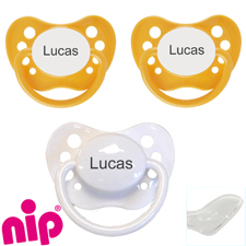 Nip sutter med navn (1 Hvid og 2 Gule) Anatomiske Silikone fra 5 md. Pakke med 3 stk. sutter