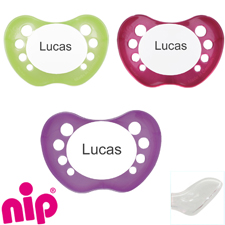 Nip sutter med navn (1 Pearly Green + 1 Pearly Magenta + 1 Pearly Purple) Anatomiske Silikone fra 5 md. Pakke med 3 stk. sutter